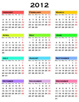 colorful calendar for 2012 year