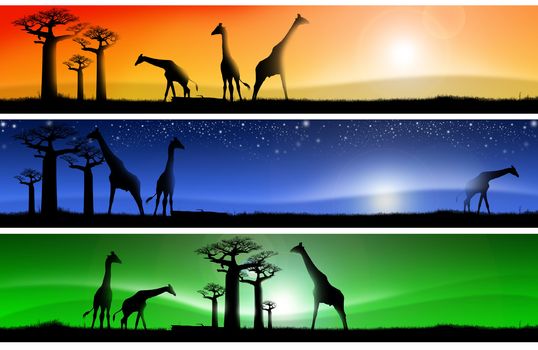 Three banners with african colorful landscapes of fantasy, with grass, baobab trees and giraffes