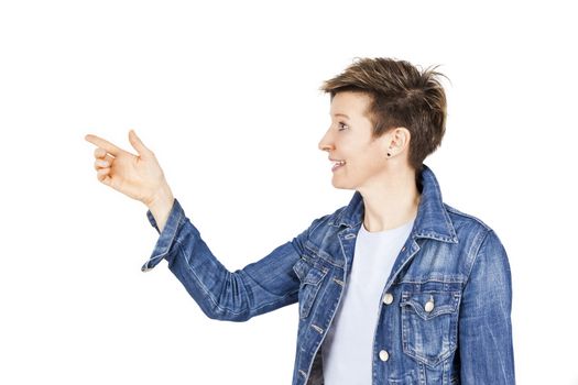 An image of an attractive women pointing