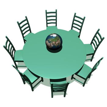 Green table and chairs for a meeting about earth