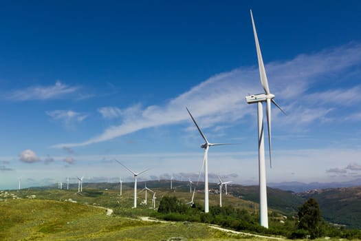 View of a wind farm with a blue sky and clouds