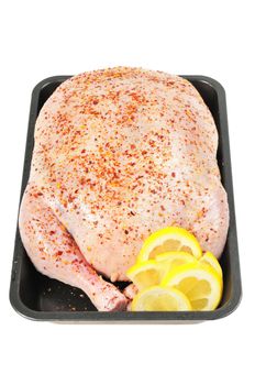 Stuffed chicken  on a baking sheet, decorated with lemon.  Isolated  on white.