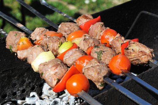 Kebabs, threaded on a skewer and grill.