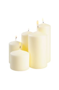 Five large lighted candle. Isolated on white.