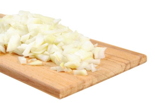 Chopped onions on a wooden board. Isolated on white.