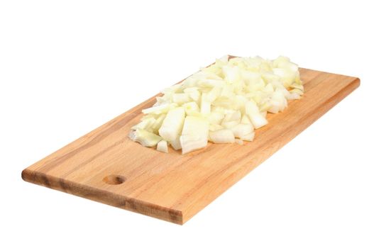 Chopped onions on a wooden board. Isolated on white.