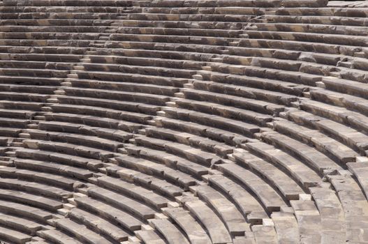 The ruins of the ancient amphitheater. Turkey, Side. Amid the ruins - ancient columns.