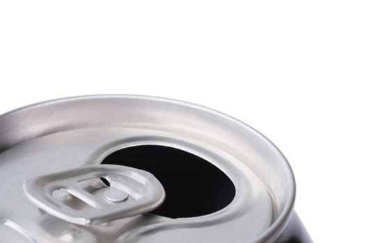 Opened aluminum can for soft drinks or beer. Macro. Isolated on white.