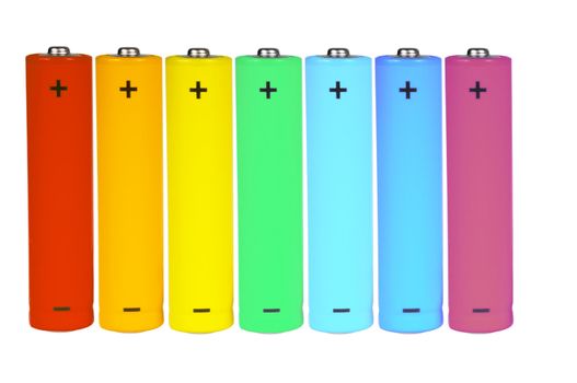 Seven standing batteries of different colors. Isolated on white.