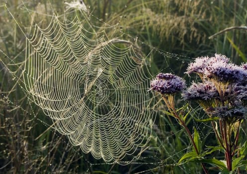 Spider web with early morning dew on it.