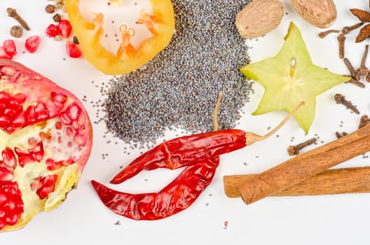Colorful spices on a white background - beautiful kitchen image.