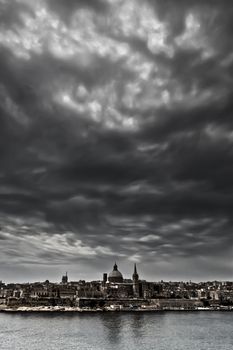 Valletta on an overcast day. As seen from Tigne Point in Sliema