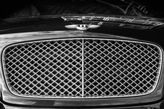 Monochrome detail of grille from a luxury Bentley automobile