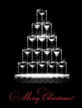 Stylized Christmas tree consisting of wine glasses which pours a drink