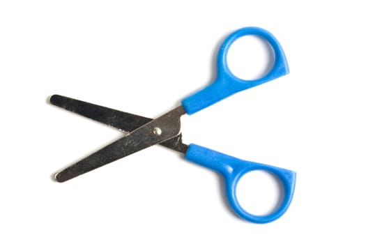 Blue handled scissors isolated on a white background.