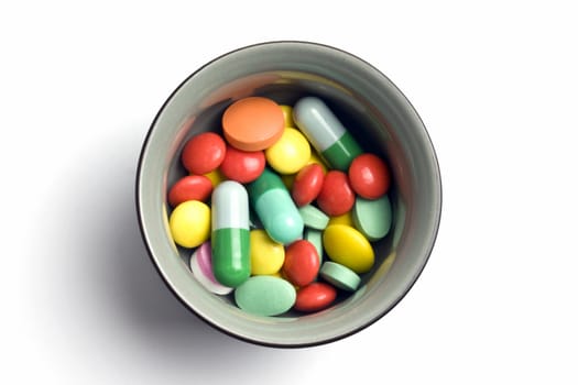 Bowl of multicolored tablets and capsules isolated on white 