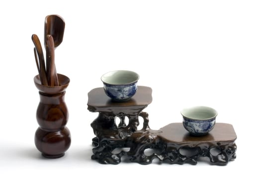 Chinese tea set and tools isolated on white