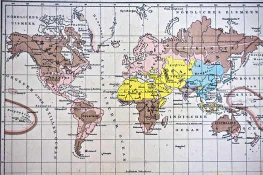 Ancient map of the world. Handmade in 1881