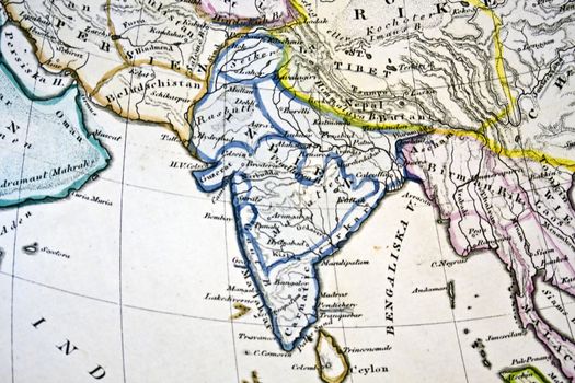 Ancient map of India. Handmade in 1881