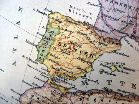 Ancient map of Spain. Handmade in 1881