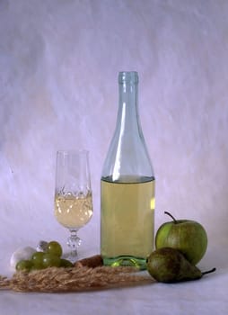 White wine and fruits isolated on painted background