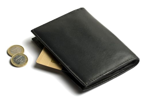 Black wallet with coins and credit card isolated on white 