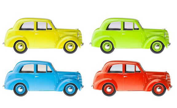 Set of retro cars in different colors isolated on white background
