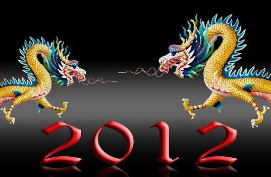 Dragons fly with 2012, New year greeting card background