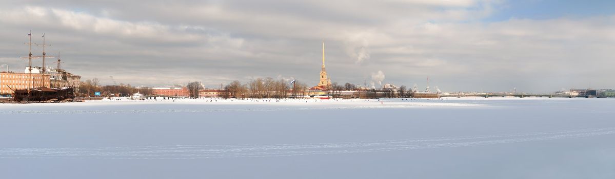 Panoramic picture of Peter and Paul Fortress in St. Petersburg. Winter photo.
