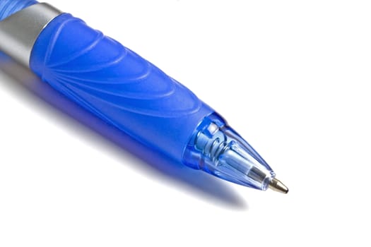 Blue pen closeup on the white background 