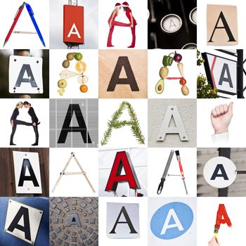 Collage with 25 images with letter A