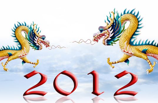 Dragons fly with 2012, New year greeting card background