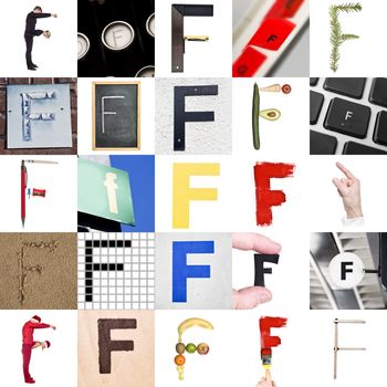 Collage with 25 images with letter F