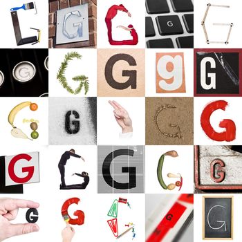Collage with 25 images with letter G