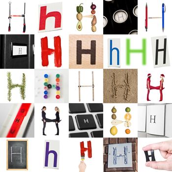 Collage with 25 images with letter H