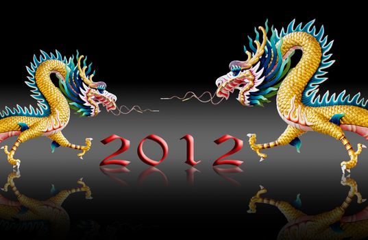 Dragons fly with 2012, New year greeting card background