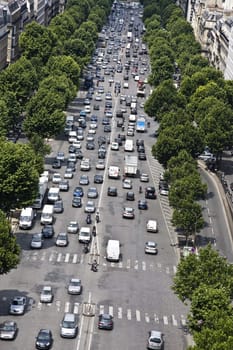 Aerial view of Champs Elysees Boulevard and cars