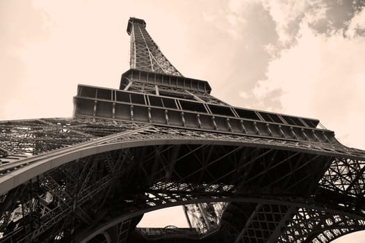 Eiffel Tower in sepia closeup