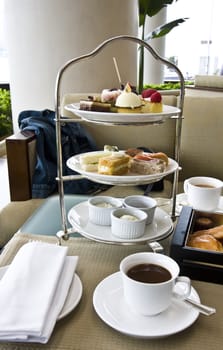 Delicious afternoon tea set closeup