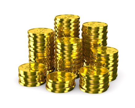 Column of golden coins isolated on white. 3D image