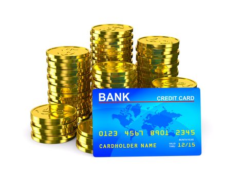 Column of golden coins and credit card. Isolated 3D image