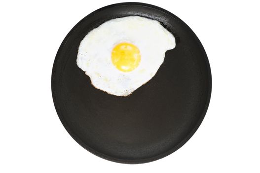 Fried eggs on a frying pan. Isolated on white.