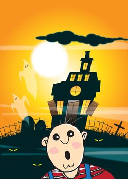 An illustration of a haunted house silhouetted against an orange night time sky background with full moon, ghosts and a frightened character to the front of image. Halloween themed.