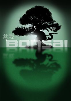 Bonsai tree silhouette on a green background with leather written bonsai and Japanese written