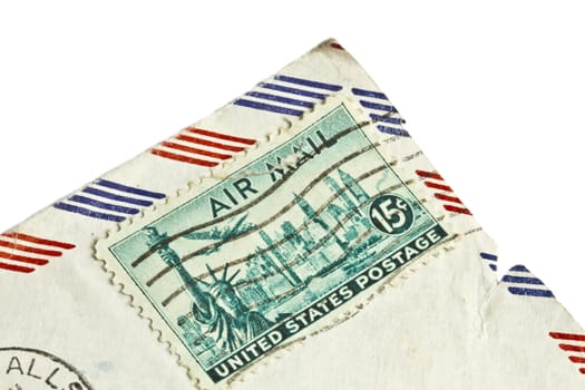 Old stamp of United States postage closeup on white 