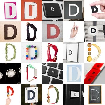 Collage with 25 images with letter D
