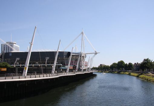 Millennium Stadium Cardiff, large white mast upright, clear sunny day
