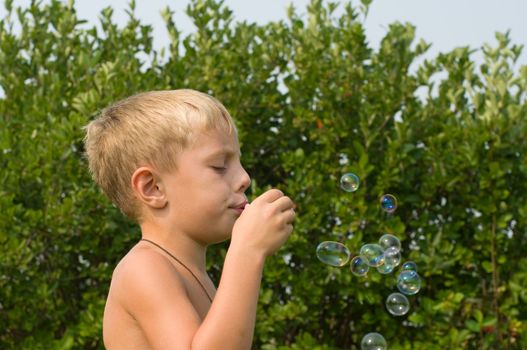 Boy blows bubbles in the garden on a summer day.