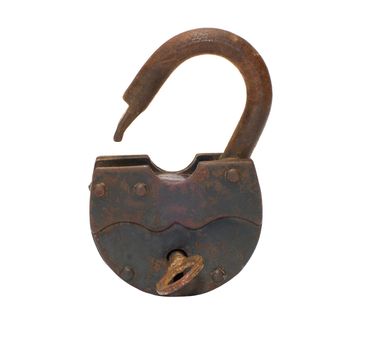 Old rusty padlock and key on white background.