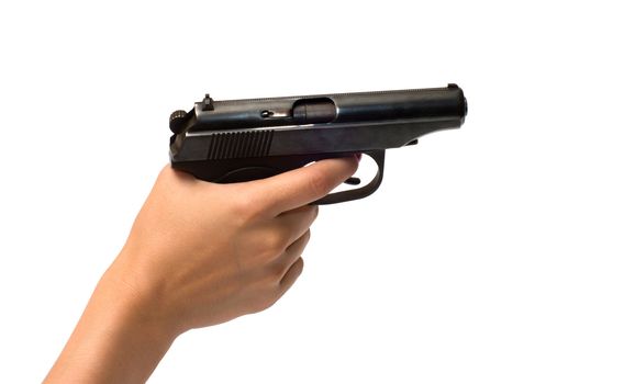 Female hand holds a pistol is isolated on a white background.